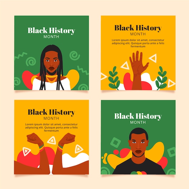 Hand drawn flat black history month instagram posts collection