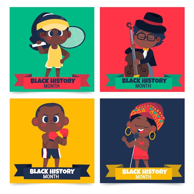 Hand drawn flat black history month instagram posts collection