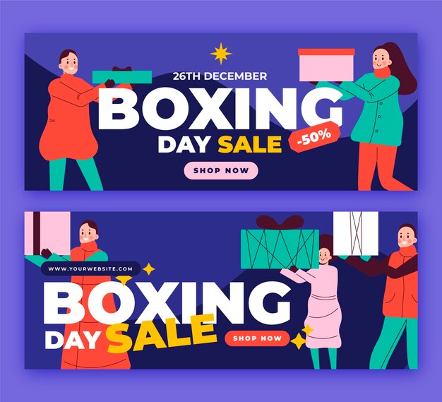 Hand drawn flat boxing day sale horizontal banners set