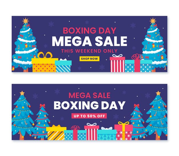 Hand drawn flat boxing day sale horizontal banners set