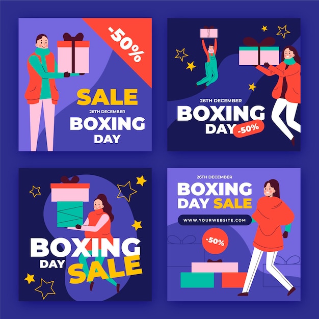 Hand drawn flat boxing day sale instagram posts collection