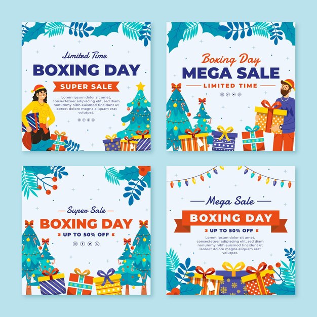 Hand drawn flat boxing day sale instagram posts collection