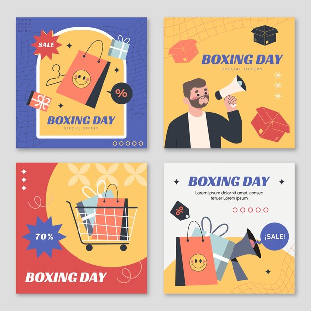 Hand drawn flat boxing day sale instagram posts collection