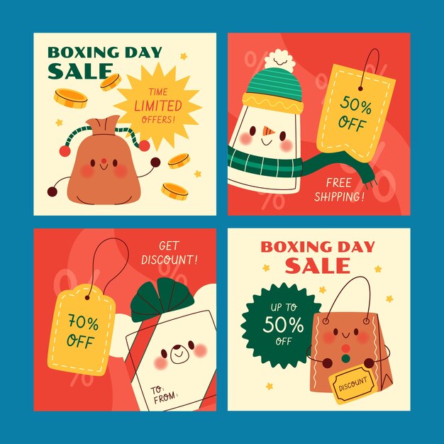 Hand drawn flat boxing day sale instagram posts collection