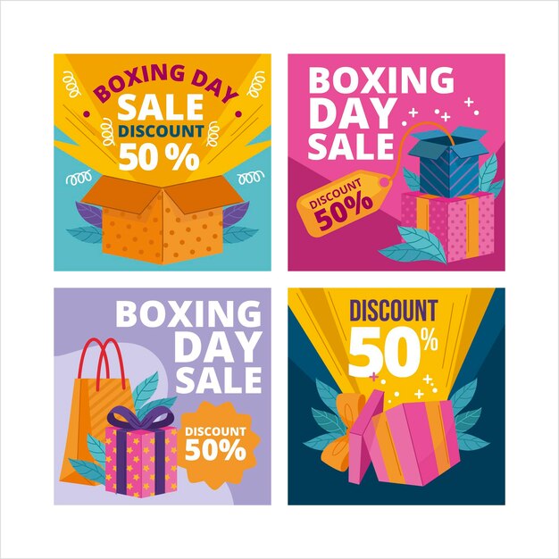 Hand drawn flat boxing day sale instagram posts collection