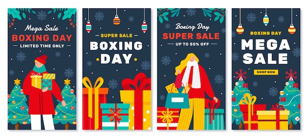 Free vector hand drawn flat boxing day sale instagram stories collection