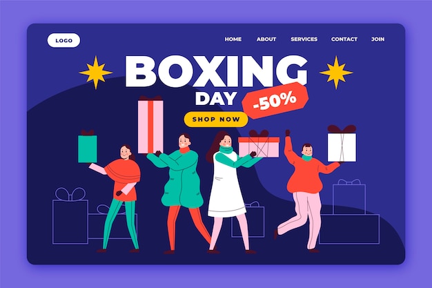 Hand drawn flat boxing day sale landing page template