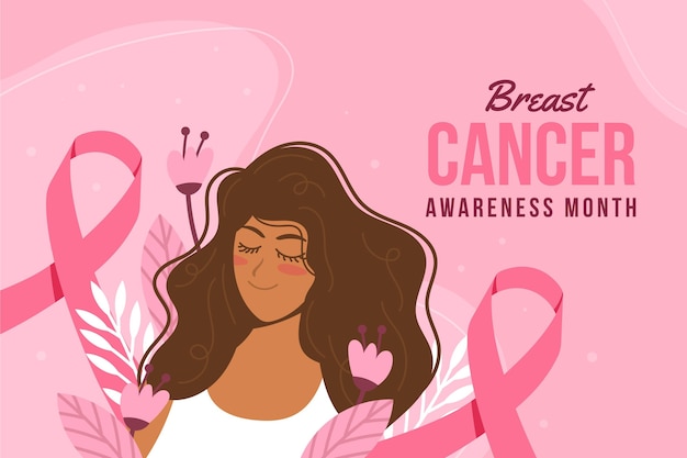 Vettore gratuito fondo del mese di consapevolezza del cancro al seno piatto disegnato a mano