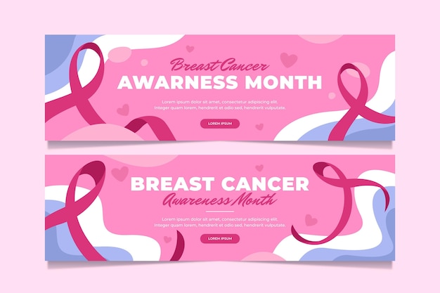 Vettore gratuito set di banner di mese di consapevolezza del cancro al seno piatto disegnato a mano