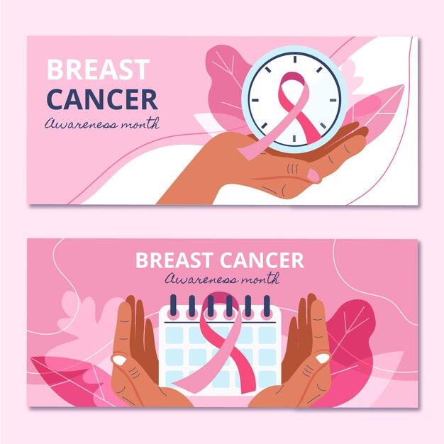 Hand drawn flat breast cancer awareness month horizontal banners set