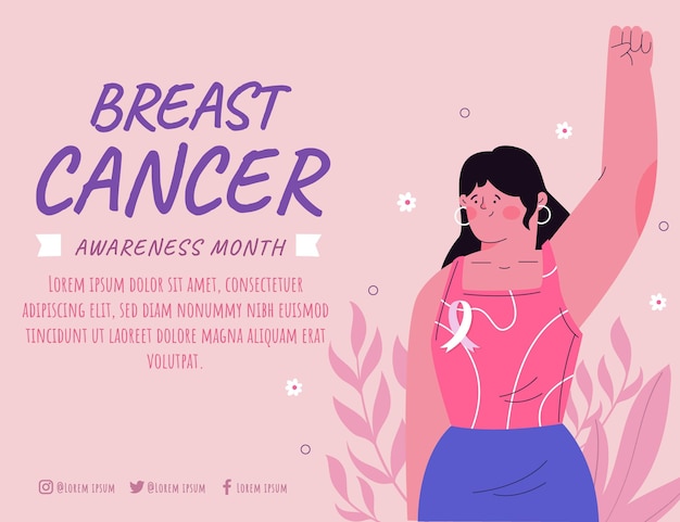 Vettore gratuito illustrazione disegnata a mano del mese di consapevolezza del cancro al seno piatto