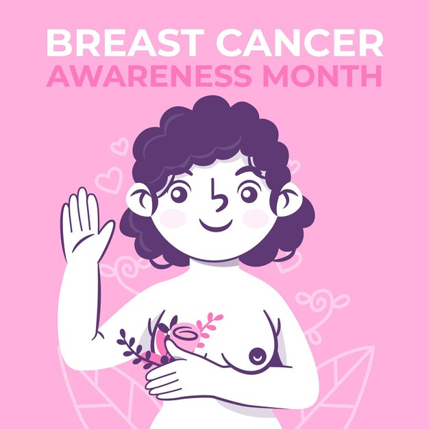 Нарисованная рукой плоская иллюстрация месяца осведомленности рака груди