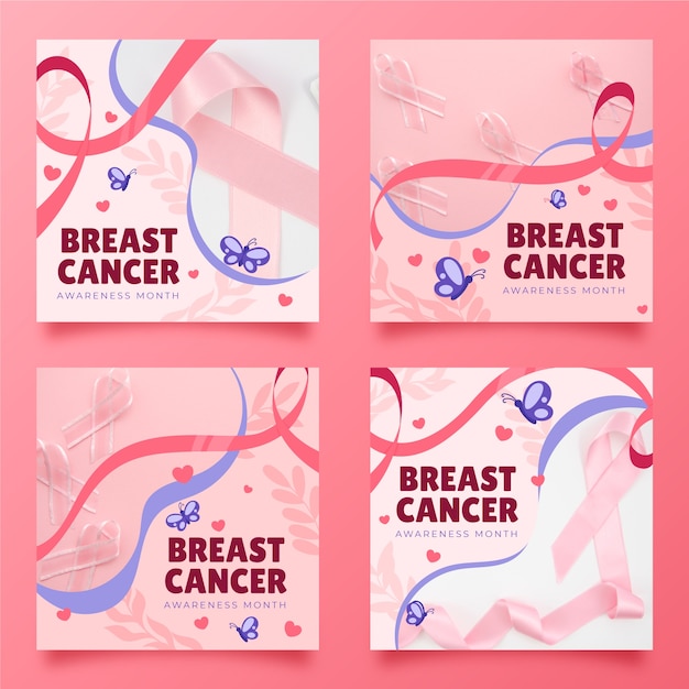 Raccolta di post di instagram del mese di consapevolezza del cancro al seno piatto disegnata a mano con foto