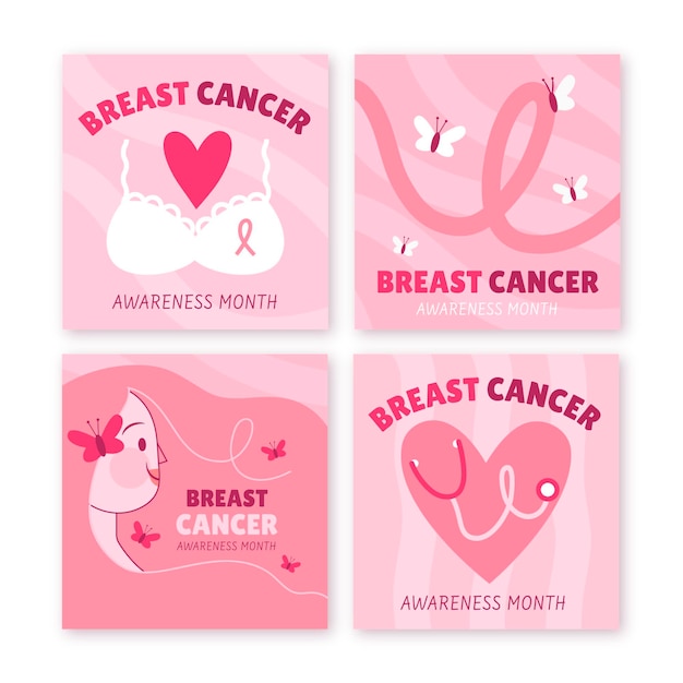 Collezione di post di instagram del mese di consapevolezza del cancro al seno piatto disegnata a mano