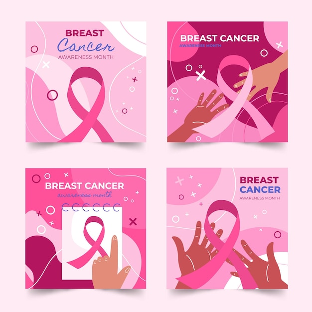 Vettore gratuito collezione di post di instagram del mese di consapevolezza del cancro al seno piatto disegnata a mano