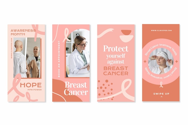 Hand drawn flat breast cancer awareness month instagram stories collection with photo