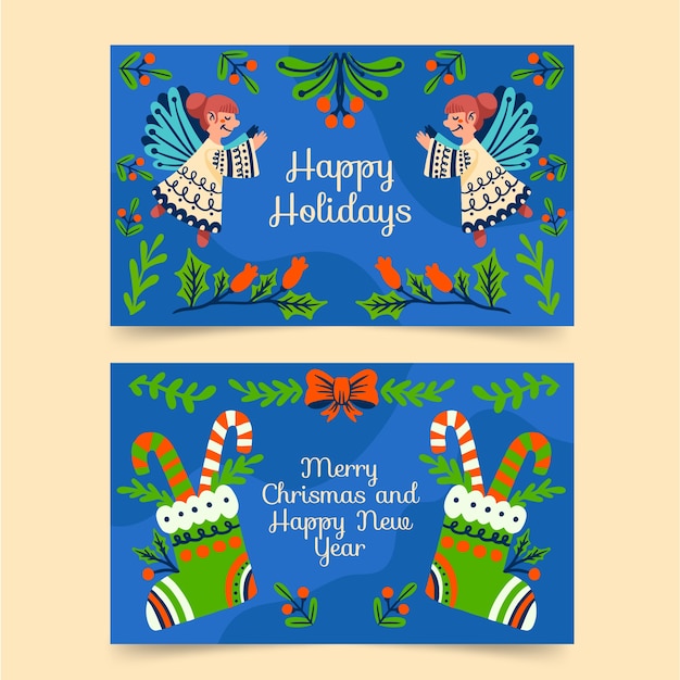 Нарисованные рукой плоские визитки рождественские открытки