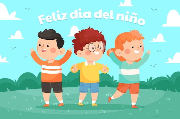 スペイン語の背景で手描きの平らな子供の日