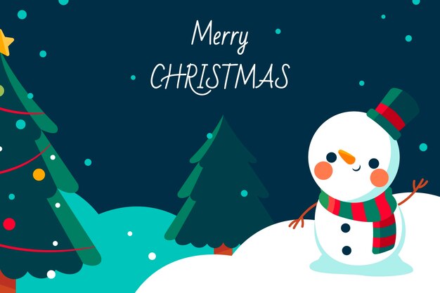 Hand drawn flat christmas background with snowman waving