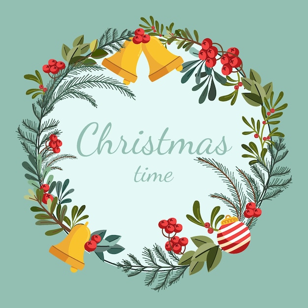 無料ベクター 花輪と手描きのフラットなクリスマスの背景
