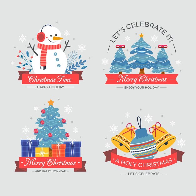 Hand drawn flat christmas badges collection