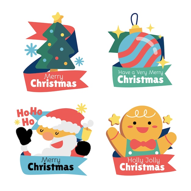 Hand drawn flat christmas badges collection