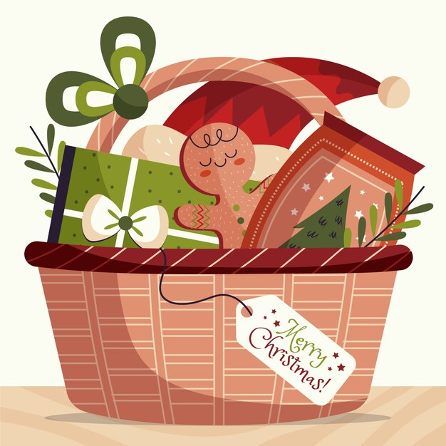 Hand drawn flat christmas basket illustration