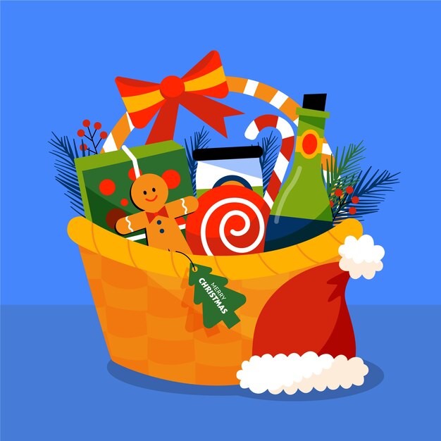 Hand drawn flat christmas basket illustration