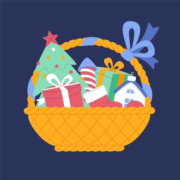 Hand drawn flat christmas basket illustration