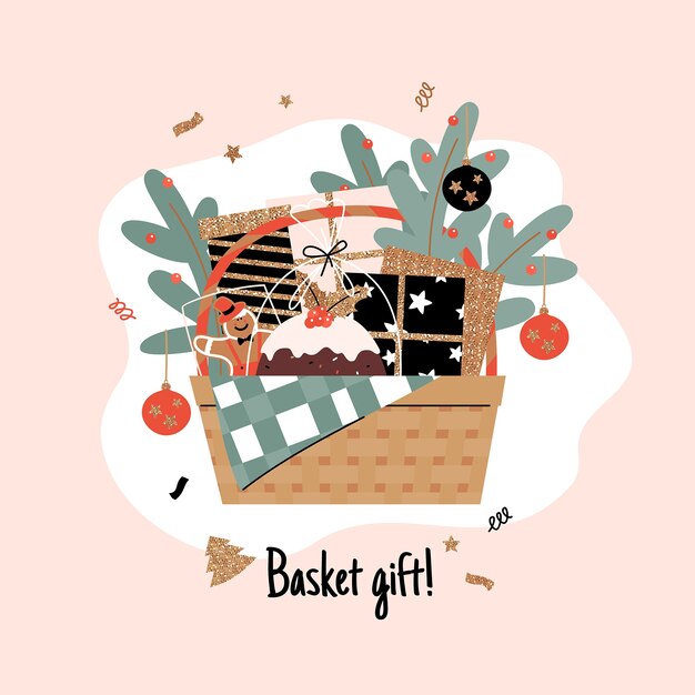 Hand drawn flat christmas basket illustration