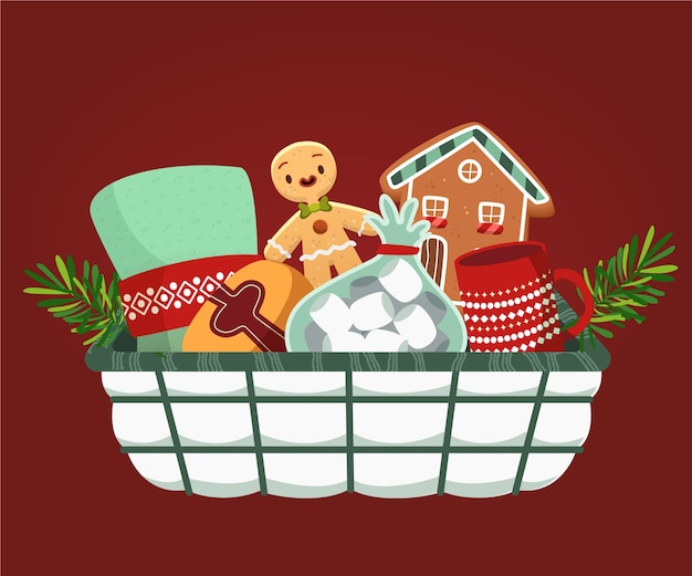 Hand drawn flat christmas basket illustration