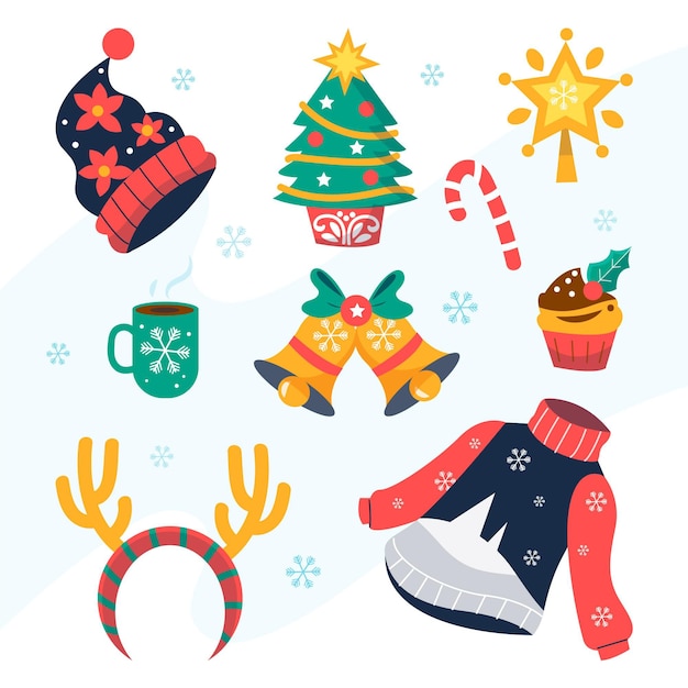 Hand drawn flat christmas elements collection