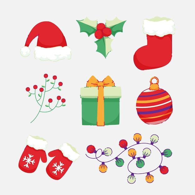 Бесплатное векторное изображение Коллекция рисованной плоских рождественских элементов