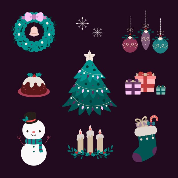 Hand drawn flat christmas elements collection