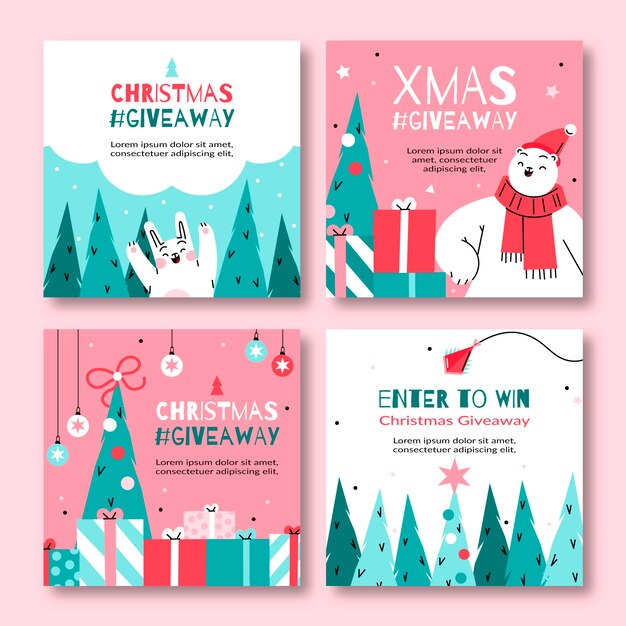 Hand drawn flat christmas giveaway instagram posts collection