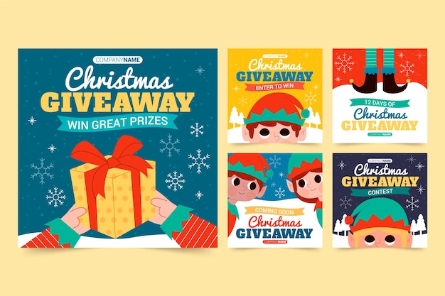 Vettore gratuito collezione di post di instagram regalo di natale piatto disegnato a mano