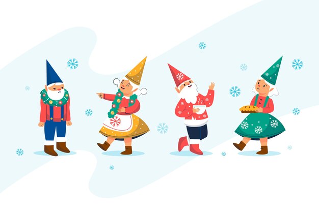 Hand drawn flat christmas gnomes collection