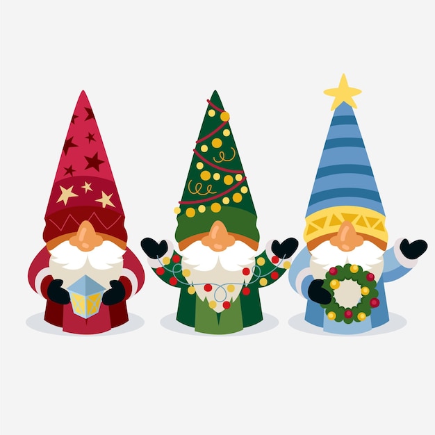 Бесплатное векторное изображение Коллекция рисованной плоских рождественских гномов
