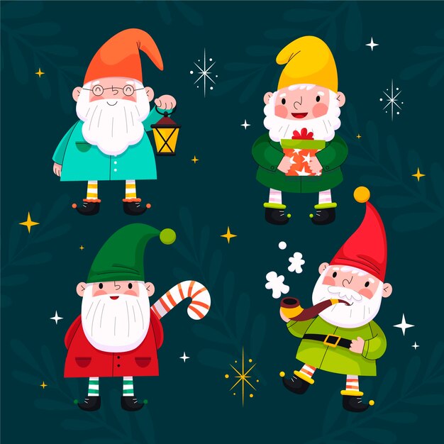 Hand drawn flat christmas gnomes collection