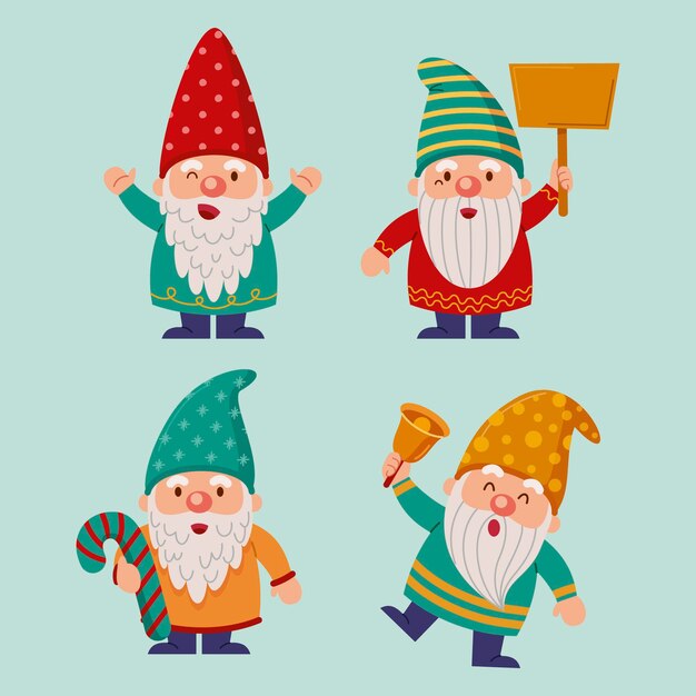 Hand drawn flat christmas gnomes collection