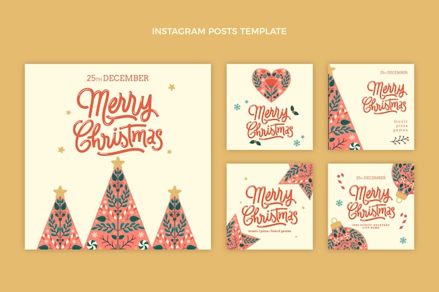 Collezione di post di instagram di natale piatto disegnato a mano