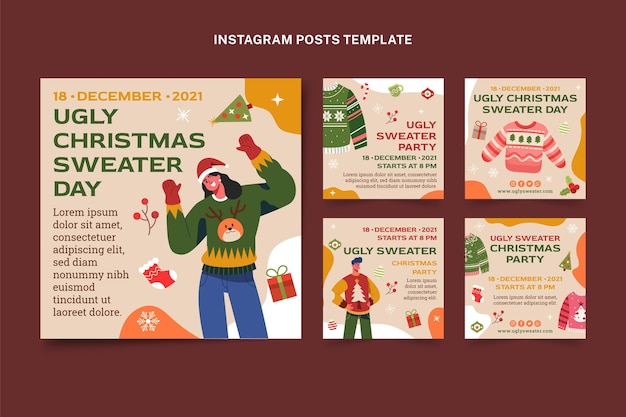 Hand drawn flat christmas instagram posts collection