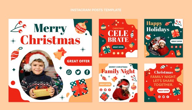 無料ベクター 手描きのフラットクリスマスinstagramの投稿コレクション