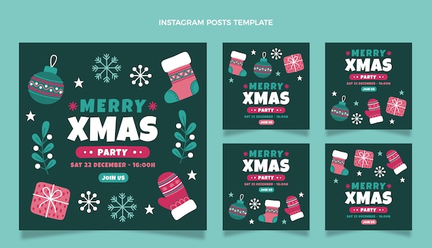 Hand drawn flat christmas instagram posts collection