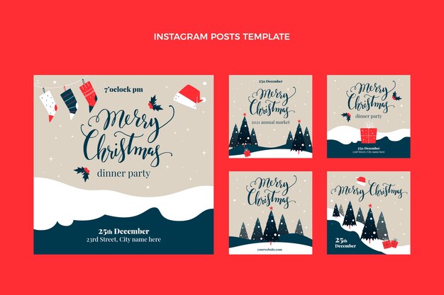 Hand drawn flat christmas instagram posts collection