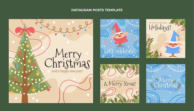 Collezione di post di instagram di natale piatto disegnato a mano