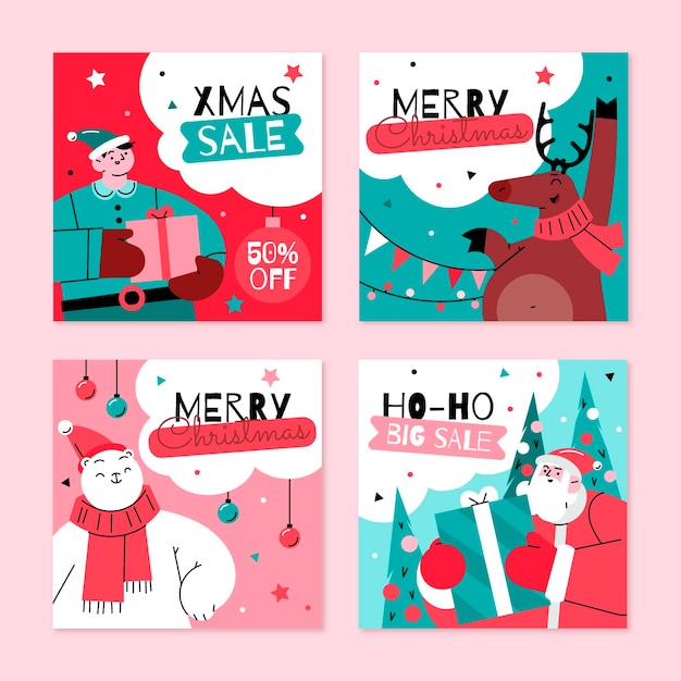 Hand drawn flat christmas instagram posts collection