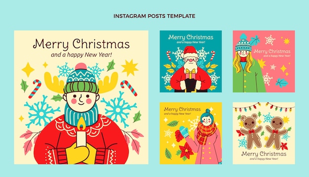 無料ベクター 手描きフラットクリスマスinstagramの投稿コレクション