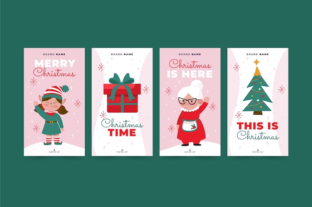 Collezione di storie di instagram di natale piatto disegnato a mano