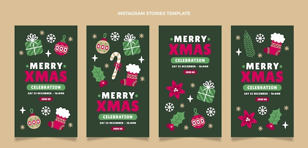 Vettore gratuito collezione di storie di instagram di natale piatto disegnato a mano